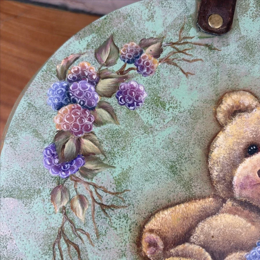 Handpainted Teddy Bear Blackberry Purse Basket Wood Lid Leather Straps Cottage